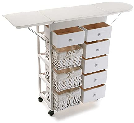 DRW Mueble planchador Blanco con cajones, cestos y Ruedas 121x32x89 cm Abierto