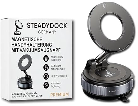 Steadydock Premium Magnetische Handyhalterung Auto, Büro & Zuhause | Vakuum-Saugfuß, 360° Drehbar | Für alle Smartphones, auch ohne MagSafe