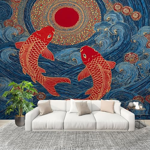 Atmungsaktiv Wandbild Foto 400x280cmChinesischer Wellenkoi Fototapeten Vlies Tapeten Poster Wandtattoo Blau Moderne Wandbild 3D Effekt Wandtapete Deko