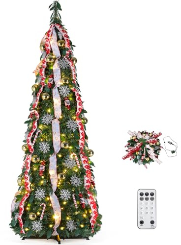 Clevich Pop Up Weihnachtsbaum 150 cm Dunkelgrün, Beleuchtet Christbaum mit 120 LED Lichtern,11 Beleuchtungsmodi, Faltbarer Tannenbaum Weihnachtskugeln & Bändern für Weihnachtsdekoration Innen & Außen