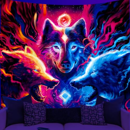WEBEEDY Schwarzlicht Wolf Wandteppich UV Reaktiv Leuchtendes Tier Wandteppich Leuchten Im Dunkeln Schwarzlicht Wolf Poster Hintergrund Für Gamer Zimmer Wohnkultur 150x130cm