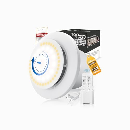 Ventilateur Extracteur d'air 100mm Timer, 3000tr/min 220m³/h, VMC 2 Sens 6 Vitesses avec LED Éclairage+Télécommande, Débit D'Air Puissant 2W Moteur DC Facile Installer Salle de Bain Lavoir Garage108E