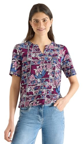 Damen Kurzarm Shirt mit Split Neck und Print