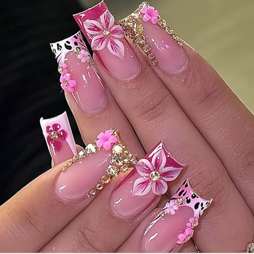 Dermalyx Ongles À Pression Courts Carrés, Ensemble De Manucure Rose Doux Style Français, Fleurs 3D & Strass, Faux Ongles Artificiels, Ongles À Coller, Fausses Pointes D’o