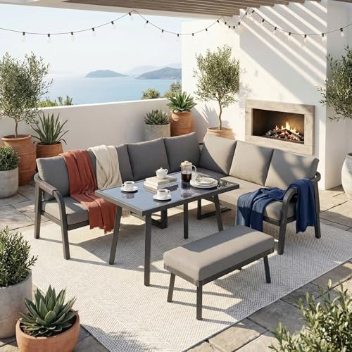 Kuczn Gartenmöbel Set, Garten Essgruppe 7-8 Personen, Gartenlounge wetterfest mit Esstisch, Bank und Bequemen Kissen, Outdoor Loungemöbel Ecksofa Sitzgruppe Essgruppe, Grau