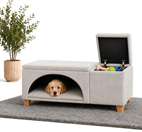Outentin Hundesofa 3 in 1 Für Kleine Hunde - Indoor Hundebett Mit Höhle - Sitzbank und Stauraum - Hundehöhle - Stilvolles Höhlenbett Für Zuhause - 120 x 46 x 40 cm - Poso - Grau