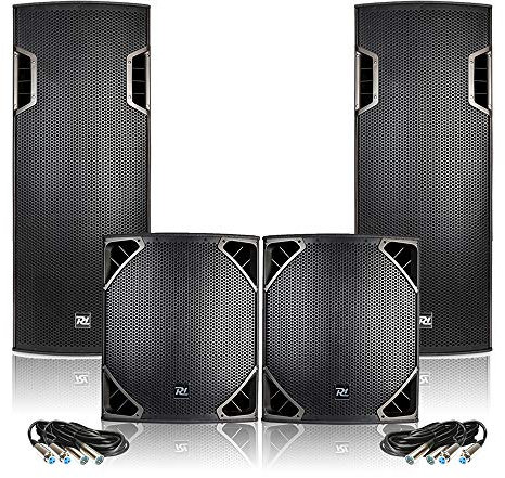 Electromarket PD PD625A Complete DJ PA System with Twin 15-Inch Powered Speakers & Two 18-Inch Active Subwoofers, 3000W Class-D Amplification, DSP EQ, XLR Cables Included