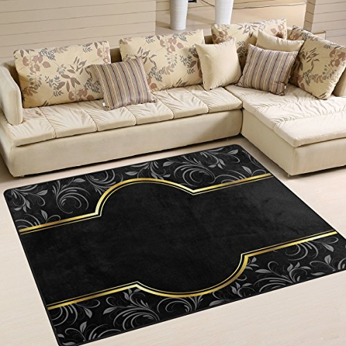 yibaihe schwarz golden Vintage Blumenmuster Bedruckt Große Fläche Teppiche, leicht rutschfeste antistatisch wasserabweisend Boden Teppich für Wohnzimmer Schlafzimmer Home Deck Terrasse,203 x 147 cm