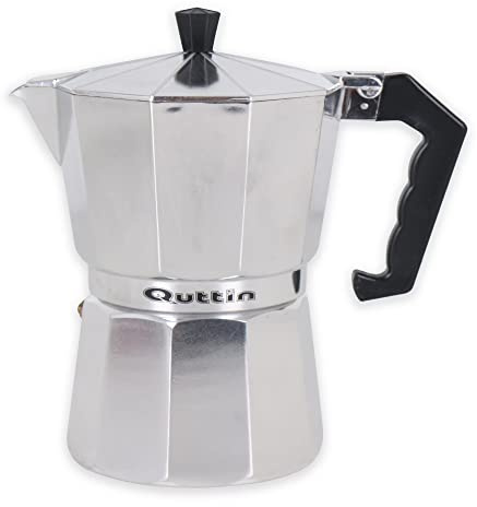 Quttin Cafetera Italiana de Induccion Pequeña, Todo Tipo de Cocinas, Moka Express, Aluminio, Mango de Silicona Aislante, Valvula Seguridad, 3 Servicios