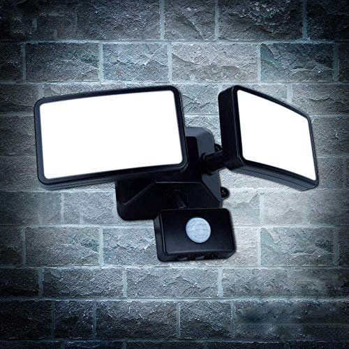 DLLT Projecteur LED 20 W avec détecteur de mouvement réglable, spot extérieur LED double tête, étanchéité IP65, 1600 lm, 6000 K, lumière du jour blanche, parc, garage et entrée