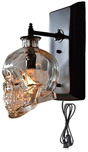 VOMI Totenkopf Lampe Vintage Wandleuchte Innen mit Stecker und Kabel, E14 Wandlampe Kristall Glas Lampenschirm Schädel Lampe Retro Wandbeleuchtung für Schlafzimmer Bar Cafe Flur Loft Halloween Deko