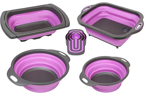 PurpleChef Juego de 10 Escurridores Plegables de Silicona para Cocina sobre el Fregadero, Colador, Tazón de Mezcla, Tabla de Cortar, Tazas de Medición