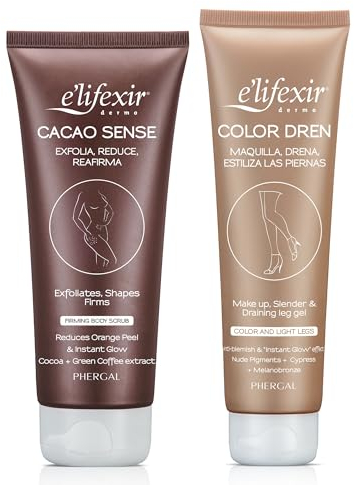 Elifexir 2 er Pack. Cacao Sense + Color Dren | Reduzierende Cremes | Körperpeeling, straffend und festigend + Bein Make up | Hilft, Ihre Haut zu bräunen | 200 ml 150 ml