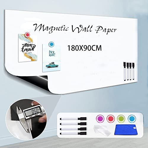 ZHIDIAN Magnetic Whiteboard Sticker 0.5 mm Thick DIY Dry Erase Board Sheets Whiteboard Paper Wall with 4 Markers + 4 Magnets + Cloth + Adhesive Tape, Non-Adhesive Back (180 x 90 cm)