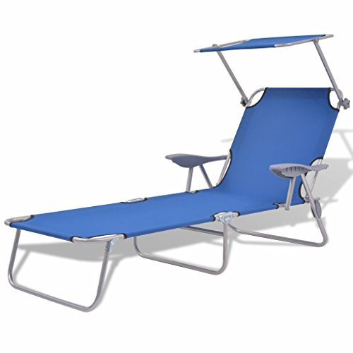 Susany zusammenklappbare Garten-Sonnenliege mit Sonnendach Klappbar Gartenliege Liegestuhl Tagesliege Tagesbett mit 2 Armlehnen Stahlrahmen Verstellbar Rückenlehne 58 x 189 x 27 cm, Blau