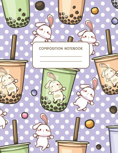 Kawaii Bubble Milk Tea Bunny Composition Notebook: Wide Ruled, 140 pages, 8.5 x 11