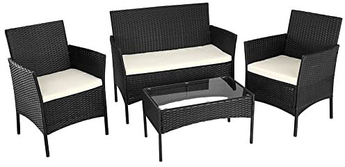 BAKAJI Polyrattan Komplettset Sessel und Gartentisch Komplettes Loungesofa, Sofa, Tisch, Rattan, Gartenmöbel, Schwarz, Standard