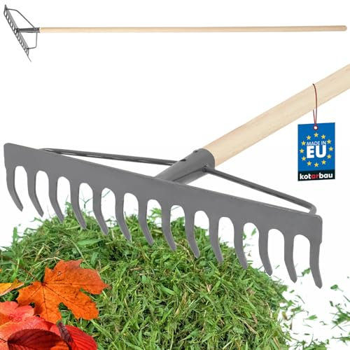 KOTARBAU® Rechen aus Metall mit 14 Zinken mit Holzstiel Gartenrechen mit verstärktem Kopf Gartenharke Stahlrechen Rechen für Laub und Gras Steinrechen Laubrechen Rasenrechen Gartenwerkzeug Gartenharke