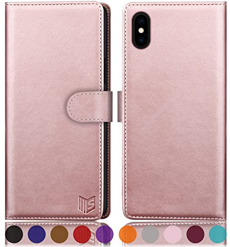 SUANPOT [RFID Schutz für iPhone XS Max 6,5-Zoll Hülle PU Leder Handyhülle Lederhülle Klapphülle Kartenfach Flip Cover für Apple XS Max Handy hülle Leather Wallet Phone Case Roségold