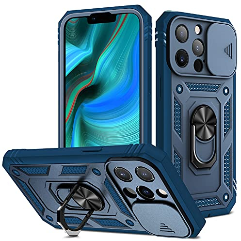AFARER Hülle für iPhone 13 Pro Max, Kameraschutz Rüstung Duale Schichte Gehäuse mit 360 Grad Ring Ständer und magnetisches Eisenblech Kompatibel mit iPhone 13 Pro Max - Blau