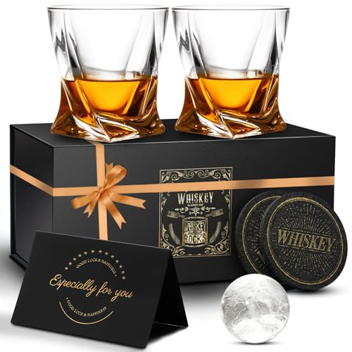 DIOXADOP Altmodische Whiskeygläser – 325 ml Kristall-Whiskygläser-Set mit 2 Eiskugelformen, 2 Untersetzern, Karten und Band, Steingläser für Scotch, Bourbon, Likör, Rum und Cocktailgetränke