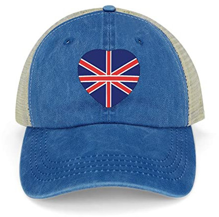 Funlucy Vereinigte Königreich Flagge Herz Form Mesh Back Cap United Kingdom National Flag Baseball Cap Verstellbare Denim Cap, Dunkelblau-UK-Flagge in Herzform, One size