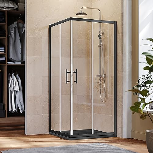 ELEGANT 760 x 760 mm Black Corner Entry Shower Enclosure 6mm Extra Toughened Safety Glass Sliding Shower Door Screen Panel with Gray Tray