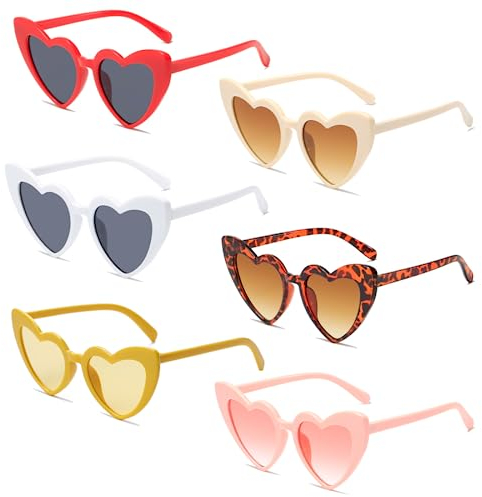 Meleager Retro Herz Sonnenbrille, Herzförmige Sonnenbrille Mehrfarbig, 6 Stück Sonnenbrillen Set Party, Vintage Herzform Brille, Hippie Brille Herz 90er, für Party, Hochzeit, Karneval, Halloween