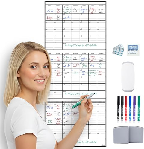 3 Month Dry Erase Calendar for Wall 40x17, Large Three Monthly Reusable Planner, Big Dry Office Erase, Rolled Whiteboard White Board, Classroom Calendar Undated Giant for Wall Erasable Family