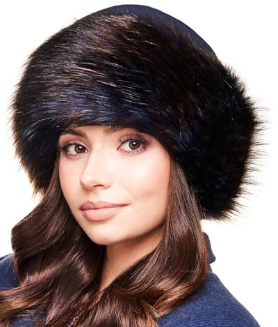 Futrzane Classic Mütze mit Fellrand - Pelzmütze Damen - Fell Pelz Russenmütze (M, Marineblau - Marineblau mit Braun Classic)