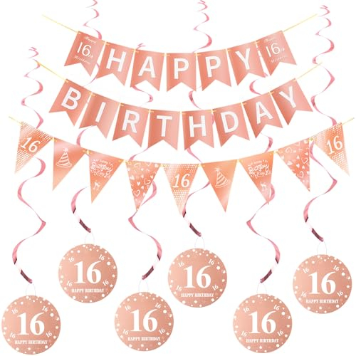 Happy 16th Birthday Banner +Dreiecksflaggen Happy Birthday Girlanden+ 16 Geburtstag Hängedeko Spiralen Set, Rosegold 16.Geburtstag deko für Mädchen,16. Mädchen Hängedeko Deckenhänger