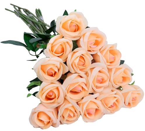 AUMAYCO 15Pcs Artificial Roses, Faux Silk Roses Artificial Flowers with Sterms, Fake Roses for DIY Wedding Bridal Bouquets Valentine's Day Parties Garden Home Decor, Champagne Roses