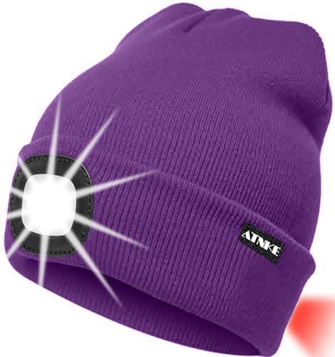 ATNKE 8LED beleuchtete Strickmütze, wiederaufladbare USB-Scheinwerferkappe mit extrem Heller, wasserdichter Lampe und Blinkender Alarm Rotes Rücklicht Multi-Color/Inner Purple