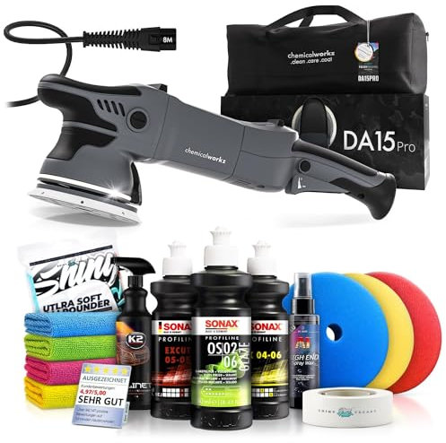 Poliermaschinen Set: chemicalworkz DA15 Pro Exzenter Poliermaschine + Sonax Politur Set + Royal Pads Premium Polierpads + Dr. Wack Lackversiegelung + Zubehör | 14-teilig
