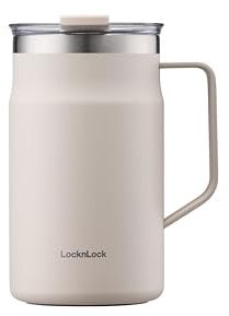 LocknLock Metro Mug Premium 18/8 Edelstahl, doppelwandig, isoliert, mit Griff, perfekt für Tisch mit Deckel, Elfenbein, 590 ml