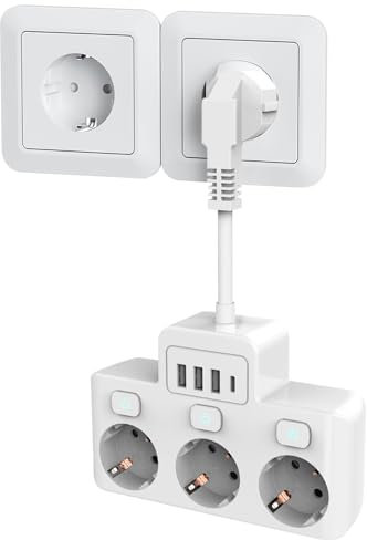 3-Fach Steckdose mit 3 Einzeln Schaltbar, XPJBKC 7 in 1 Mehrfachsteckdose mit 3 USB und 1 USB C, Wandmontage Steckerleiste Steckdosenadapter mit 5cm Kurze Kabel für Büro, Hause, Reisen (Weiß)