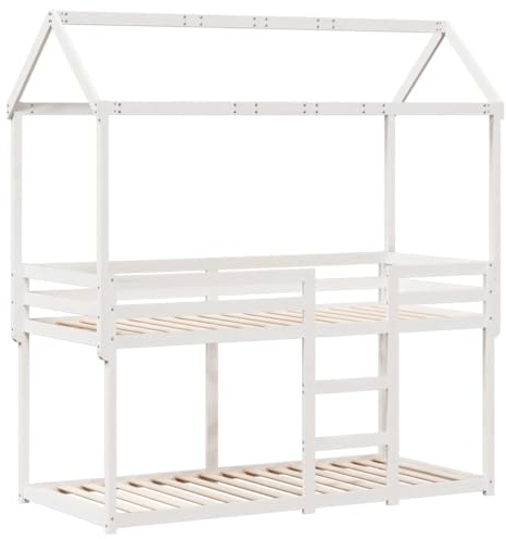 vidaXL Etagenbett, Hochbett mit Dach Leitplanken, Stockbett für Schlafzimmer, Bett Holzbett Einzelbett, Weiß 80x200cm Massivholz Kiefer