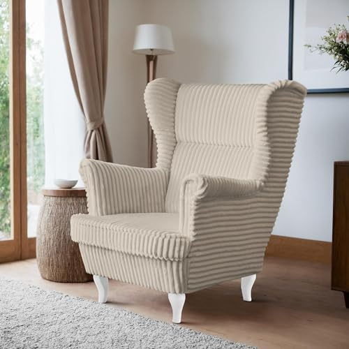 BEAUTY SOFA - Felix Sessel - Ohrensessel - Relaxsessel mit Armlehnen - Fernsehsessel - Polstersessel - für Wohnzimmer, Schlafzimmer - Sessel Wohnzimmer - Beige (Tilia 08), Beine Weiß