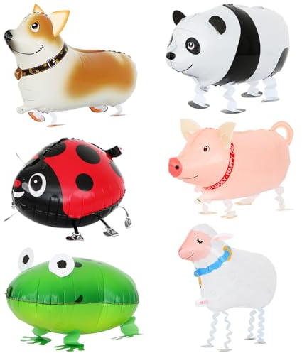Airwalker Ballon, 6 Stück Folienballon Tiere Walking, Luftballon Tiere, Walking Tier Folienballons, Hunde, Marienkäfer, Schafe, Frösche, Pandas, Schweine, Perfekt für Babyparty, Dschungelparty