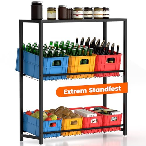 150kg Belastbares Getränkekistenregal mit Obere Ablage & Gitterhalterung, 114H × 103B × 35T cm Haushaltsregal für 6 Kisten, Getränkeregal mit Verstellbaren Füßen für Keller Garage Küche Abstellraum