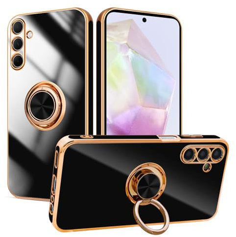 Lonrapa Hülle für Samsung Galaxy A55 5G mit Drehbarer Ring Ständer Magnetische Silikon Handyhülle Gold Edge Design Farbe Fallschutz Phone Case Cover Stoßfest Schutzhülle für Galaxy A55 5G - Schwarz