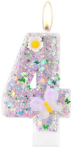 Butterfly 4th Birthday Candles,Sparkler 4th Birthday Candles, Purple Number 4 Candle for Cake, Purple Sequin Candle Cake Topper for Girls Boys Butterfly Themed Birthday Party Decorations Supplies