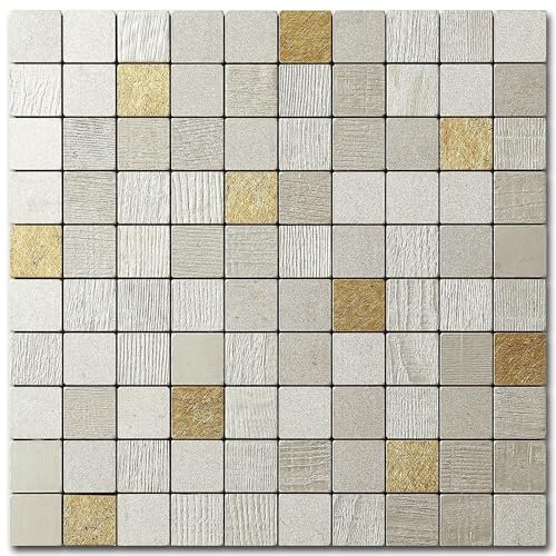 M MOFIT Square Mosaic Self Adhesive Wall Tiles Stickers Kitchen,Stone Stick on Tiles Splashback Bathroom Panels(Champagne Gold 10pcs)