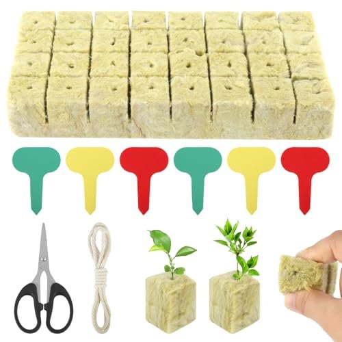 RISF 32 pieces rock wool cultivation, 3 x 3 x 4 cm rock wool cube, bottomless cultivation rockwool cube, rock wool cultivation mat with plant labels, scissors and cotton thread for hydroponics,