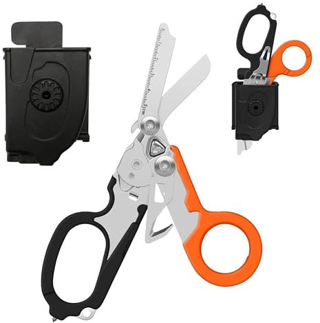 6-in-1 Rettungsschere mit Holster: Faltbare Kleiderschere Rettungsdienst Schere aus Edelstahl mit Gurtschneider und Glasbrecher für Outdoor-Camping Notfallaufgaben