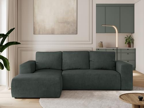 MKS MEBLE Sofa mit Schlaffunktion - Ecksofa mit Schlaffunktion und Bettkasten - Sofa 3 Sitzer - Schlafsofa - Couch - Schlafsofa mit Bettkasten - Trentino L - Dunkelgrau Stukture - Links