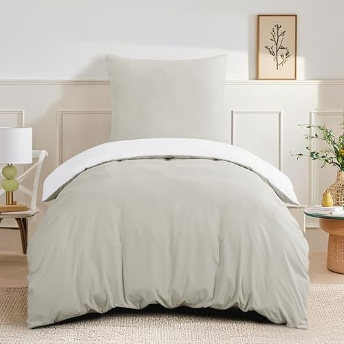 RUIKASI Bettwäsche 155x220 Beige Weiß 2teilig - Wendebettwäsche Bettbezug 155 x 220 mit Reißverschluss, Oeko-TEX Mikrofaser Bettwäsche Sets, Weich und Bügelfrei