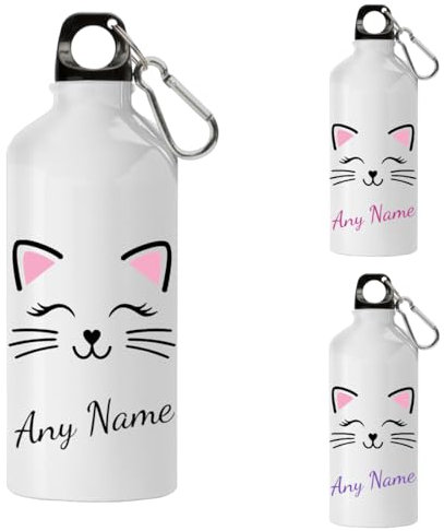 Personalised Water Bottle With any Name Featuring A Cat 600ml Capacity with 2 Interchangeable Lids Carabiner For Easy Carry Walks, Sports, Work, Gym, School