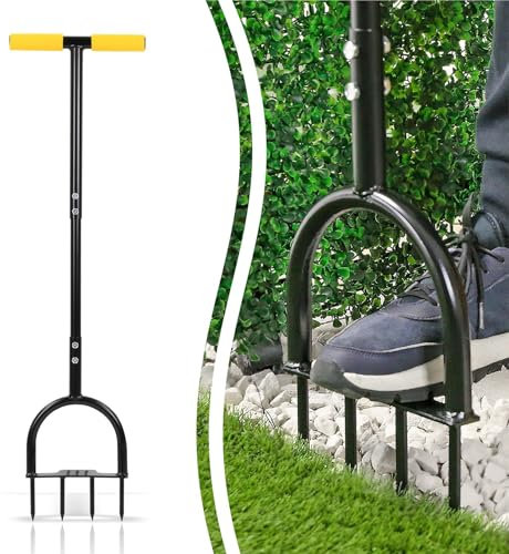 Greenfields Professional Manual Lawn Aerator – 96cm High, 26.5cm Wide – 4 Solid 9cm Steel Spikes, Ergonomic T-Handle for Optimal Lawn Care, Durable & Compact