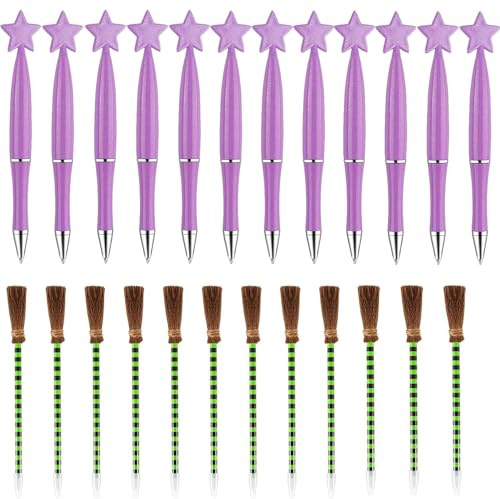 12Pcs Star Wand Pens and 12Pcs Witch Broom Pens Party Supplies Set Princess Witch Wand Ballpoint Pen Theme Birthday Halloween Goody Bag Filler Favors for School Rewards